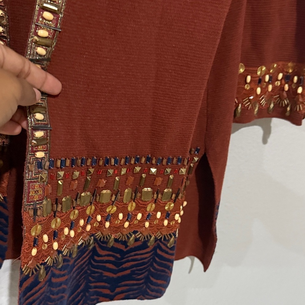 Chico's Rich Brown Cardigan with Beaded Detail long gorgeous - Picture 6 of 9